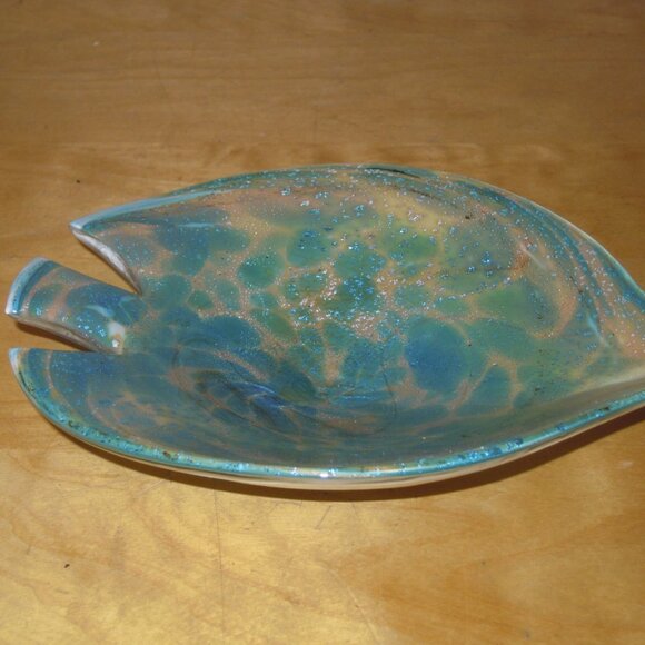 Vtg MCM Murano Turquoise Silver Aventurine Flecks Cased Art Glass Fish Bowl Dish - Picture 5 of 6